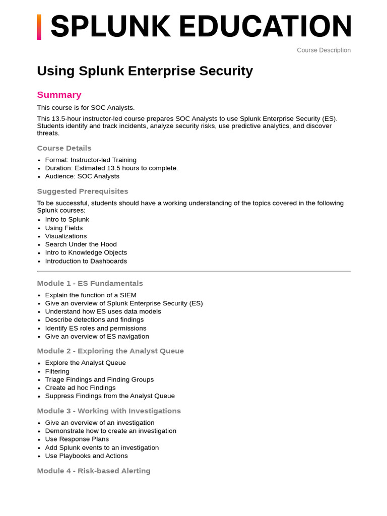Using Splunk Enterprise Security Course Description | PDF | Computer ...