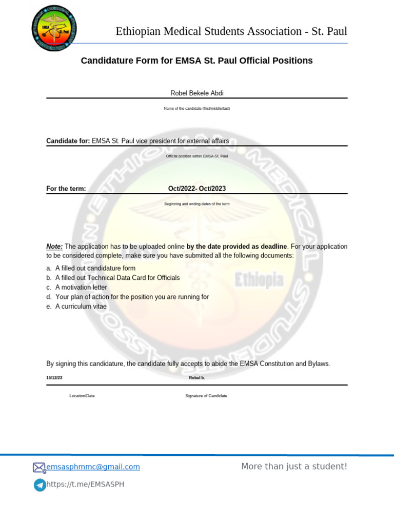 Candidature Form For EMSA St. Paul SC Official Positions 2022-23 | PDF