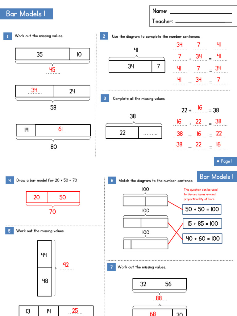 Worksheet 1 Bar Model Part Whole Questions Non Wordy Answers | PDF