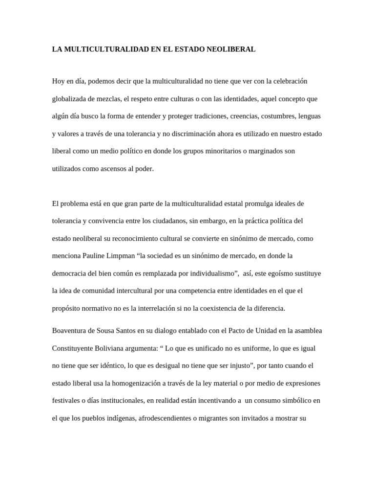 La Multiculturalidad en El Estado Neoliberal | PDF | Multiculturalismo ...