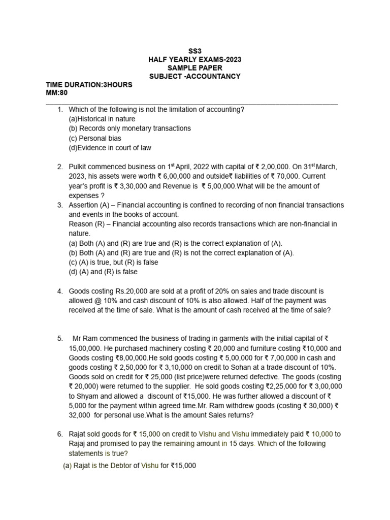 Sample Paper Acc 11 Hy 2023 | PDF | Debits And Credits | Financial Services