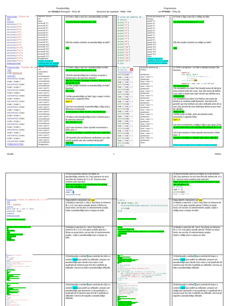 Ficha3b Visualg e Python Dupla Ficha For para 10a16 SOLUCOES | PDF ...