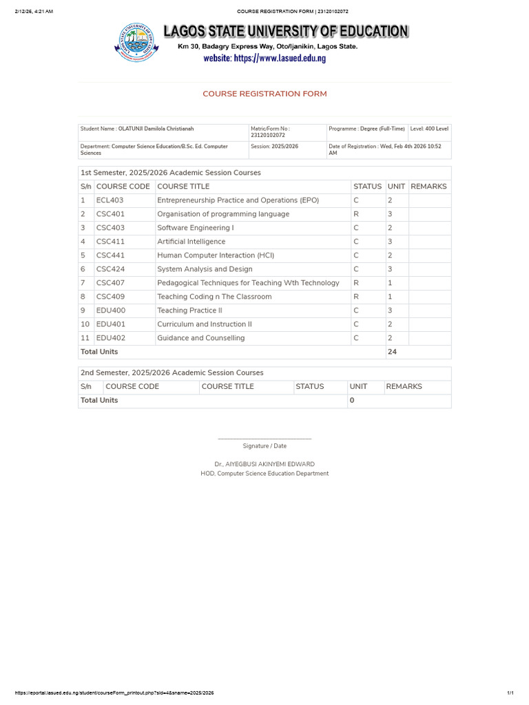 Course Registration Form - 23120102072-0 - 0 | PDF | Computing ...