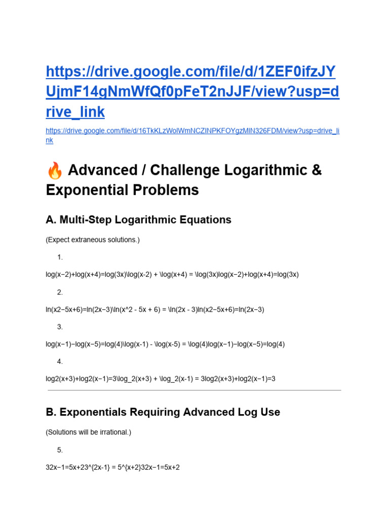 ? Advanced - Challenge Logarithmic & Exponential Problems | PDF ...