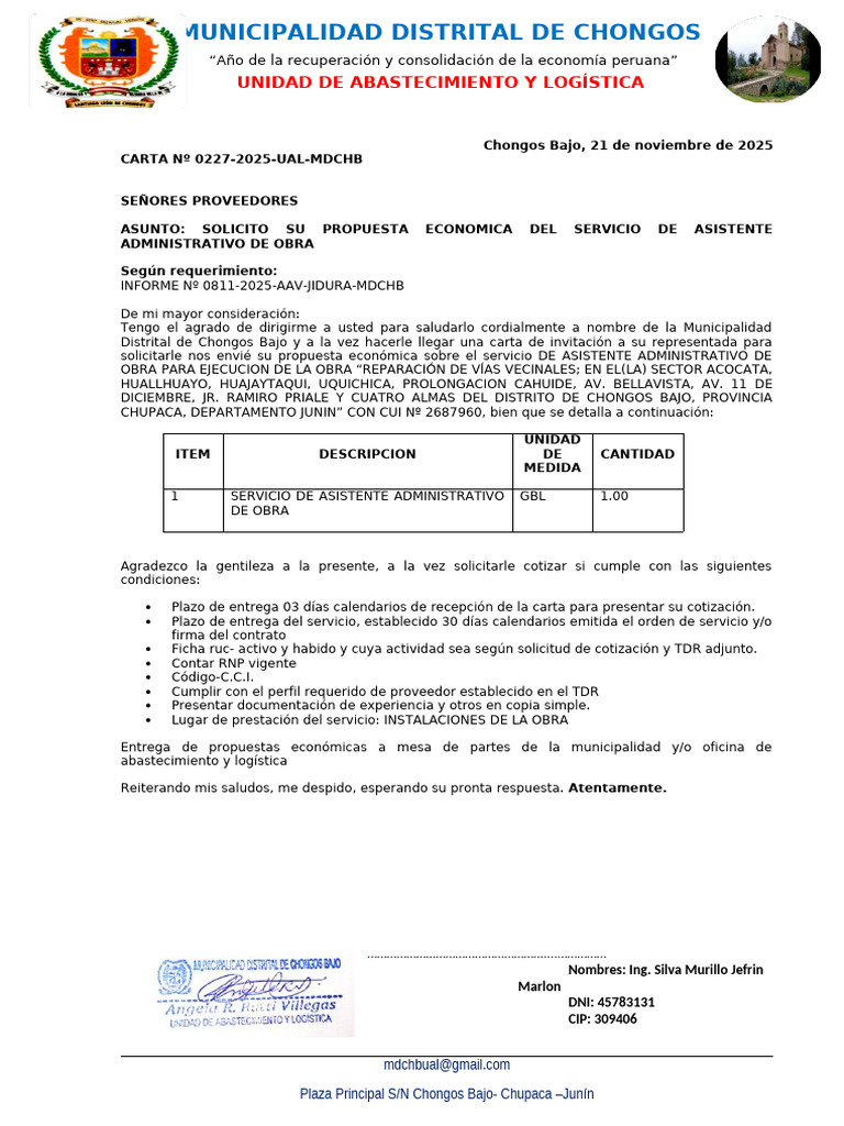 Carta de Inv. 0227 - Cotizacion Asistente Admin Obra Vias | PDF