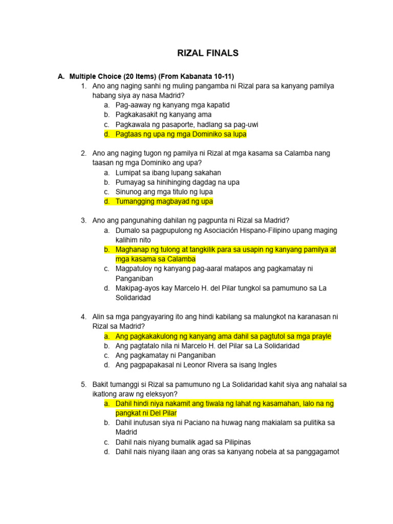Rizal Questionnaire With Key Answers | PDF