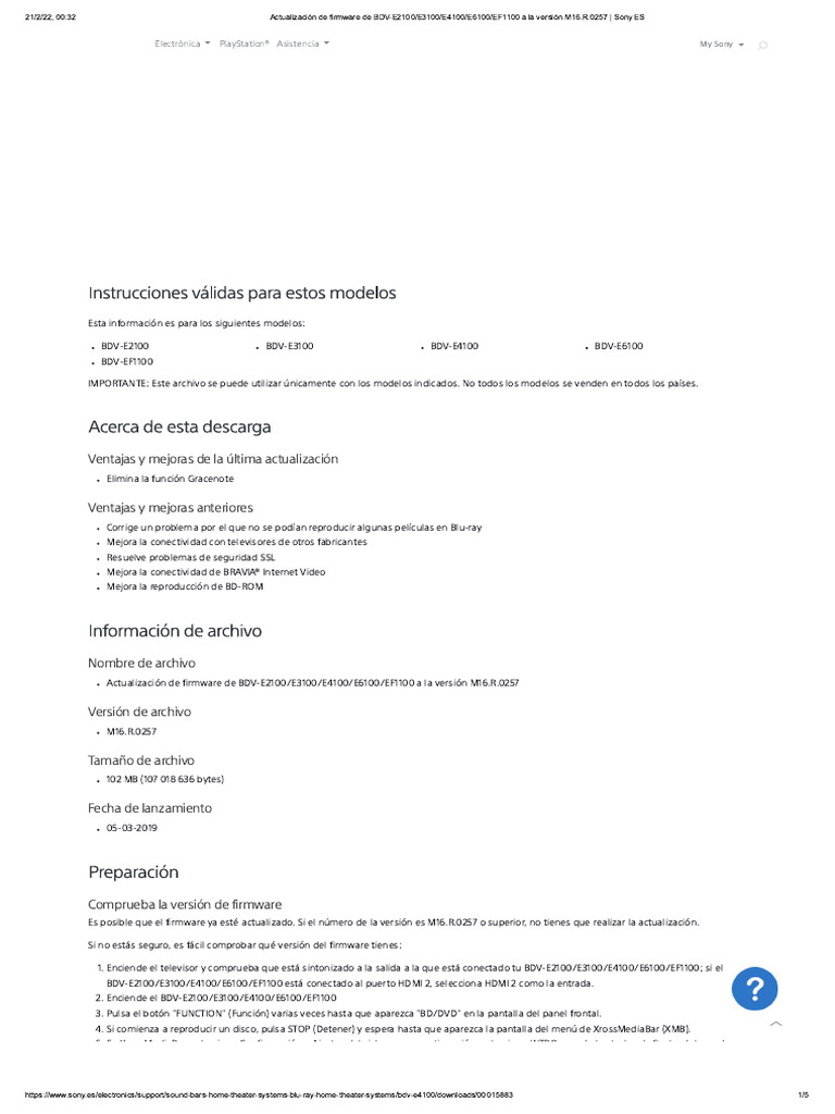 Actualización de Firmware de BDV-E2100 - ... 1100 A La Versión M16.R | PDF