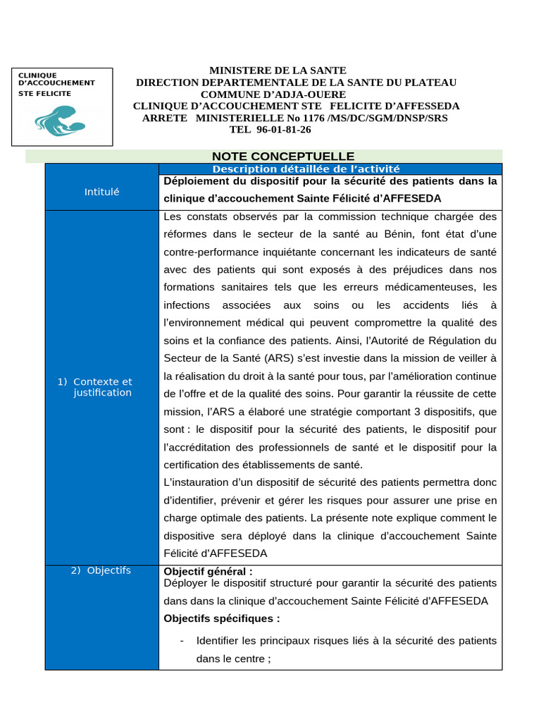 Note Conceptuelle Sainte Félicité ARS | PDF | Sécurité du patient ...
