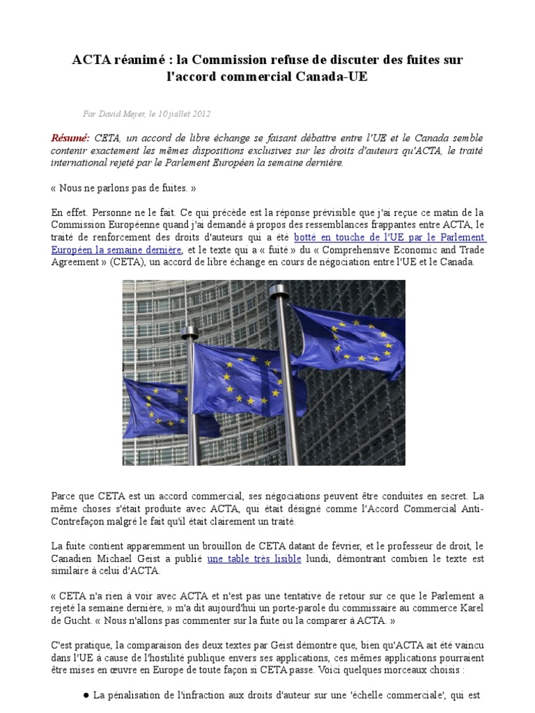 Acta Reanime La Commission Refuse De Discuter Des Fuites Sur L Accord Commercial Canada Ue Traite Commission Europeenne