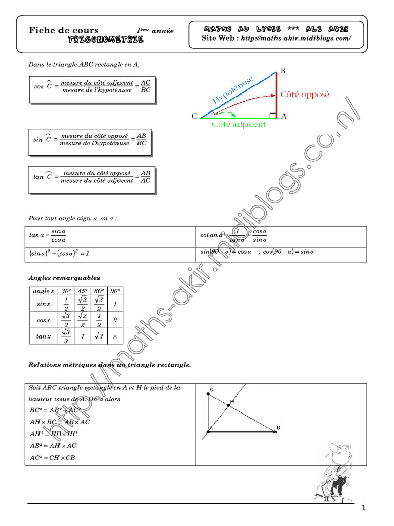 Cours Math - Trigonométrie - 1ère As MR BHA | PDF
