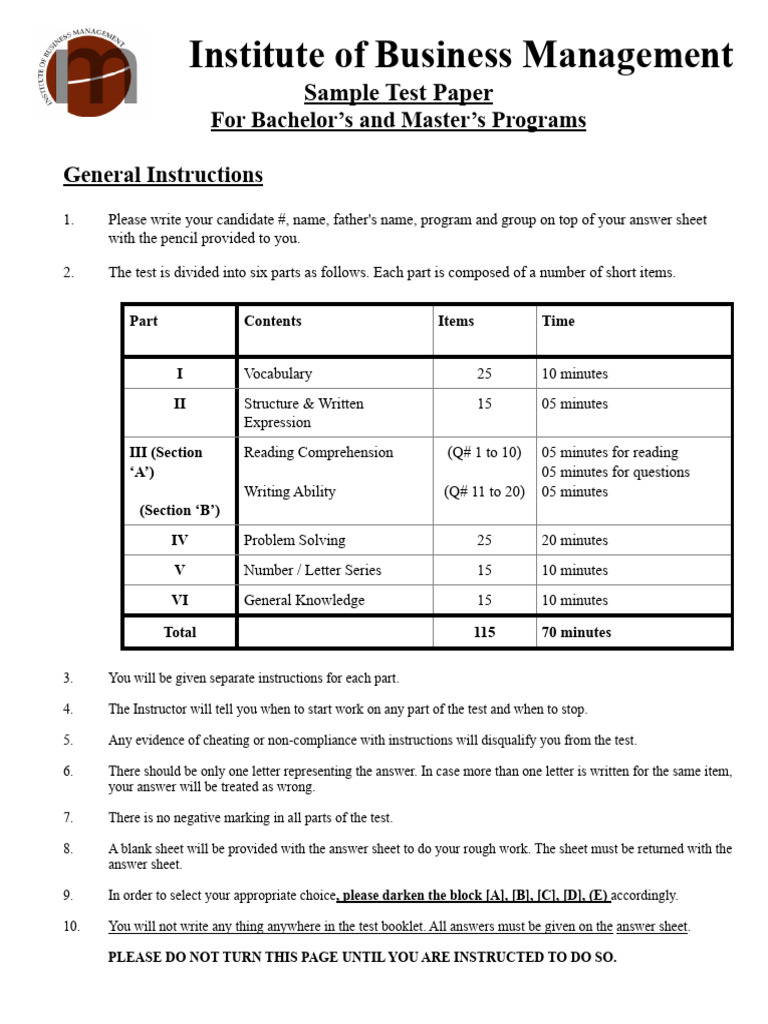 Sample Test Paper BBA-BS-MBA | PDF | Reading Comprehension