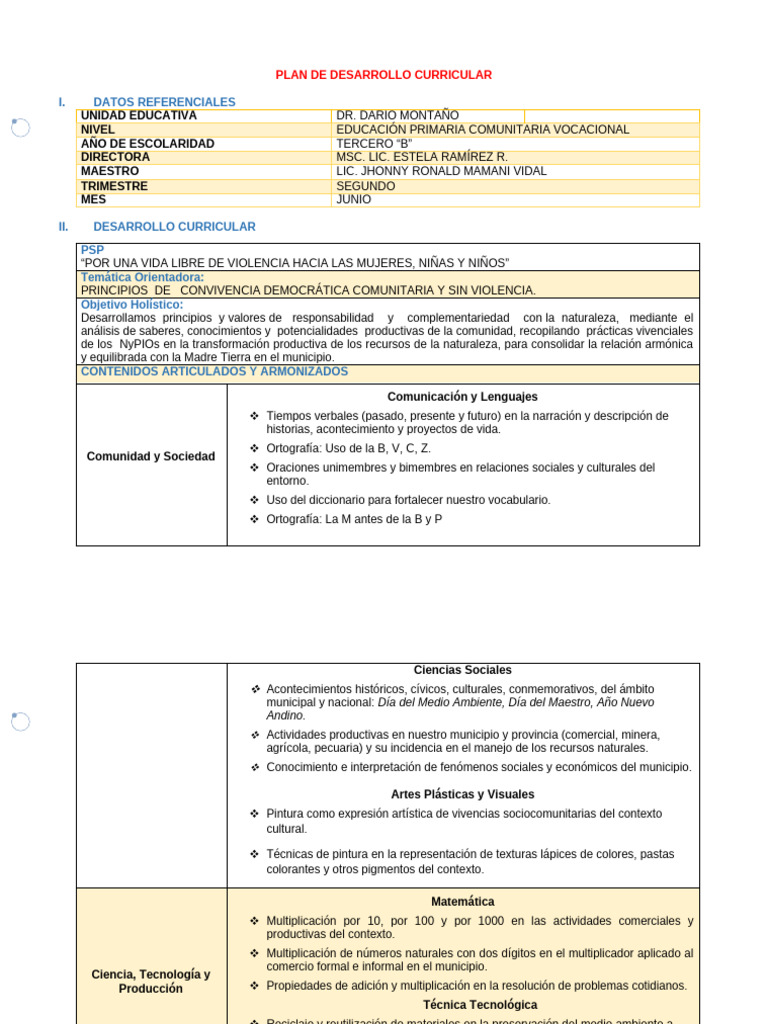 Plan de Desarrollo Curricular Junio 3° B | PDF | Reciclaje | Plan de ...