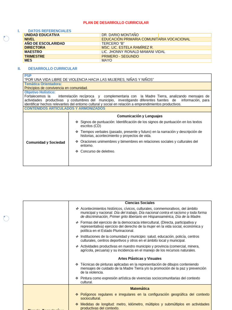 Plan de Desarrollo Curricular Mayo 3° B | PDF | Aprendizaje | Comunicación