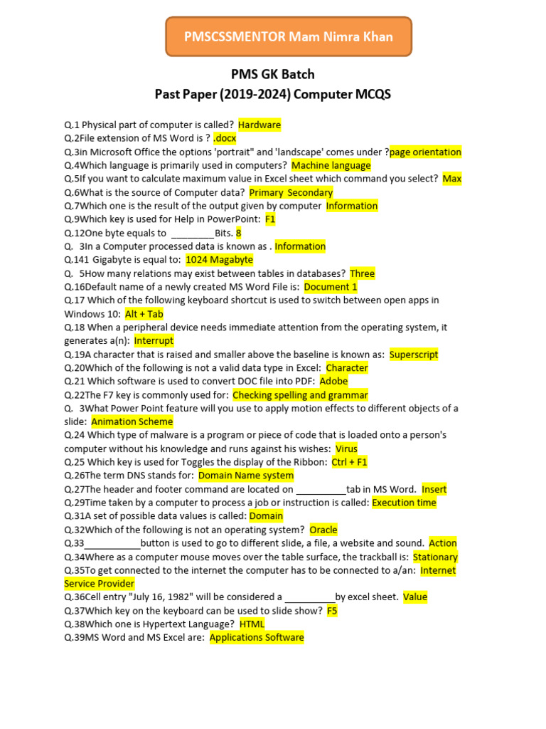 Computer Oneliner Notes (PACE GK ACADEMY) - 1 | PDF | Microsoft Excel ...