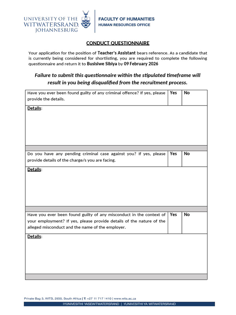 Demmie Questionnaire For Shortlisted Candidate | PDF