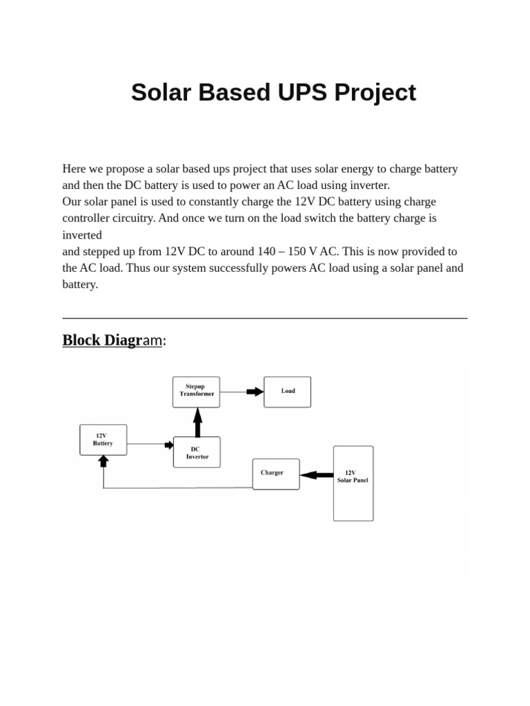 Solar Based UPS Project: Block Diagr | PDF