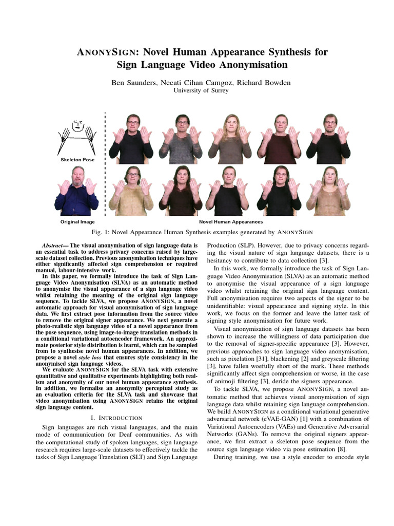 Anonysign - Novel Human Appearance Synthesis For Sign Language Video ...