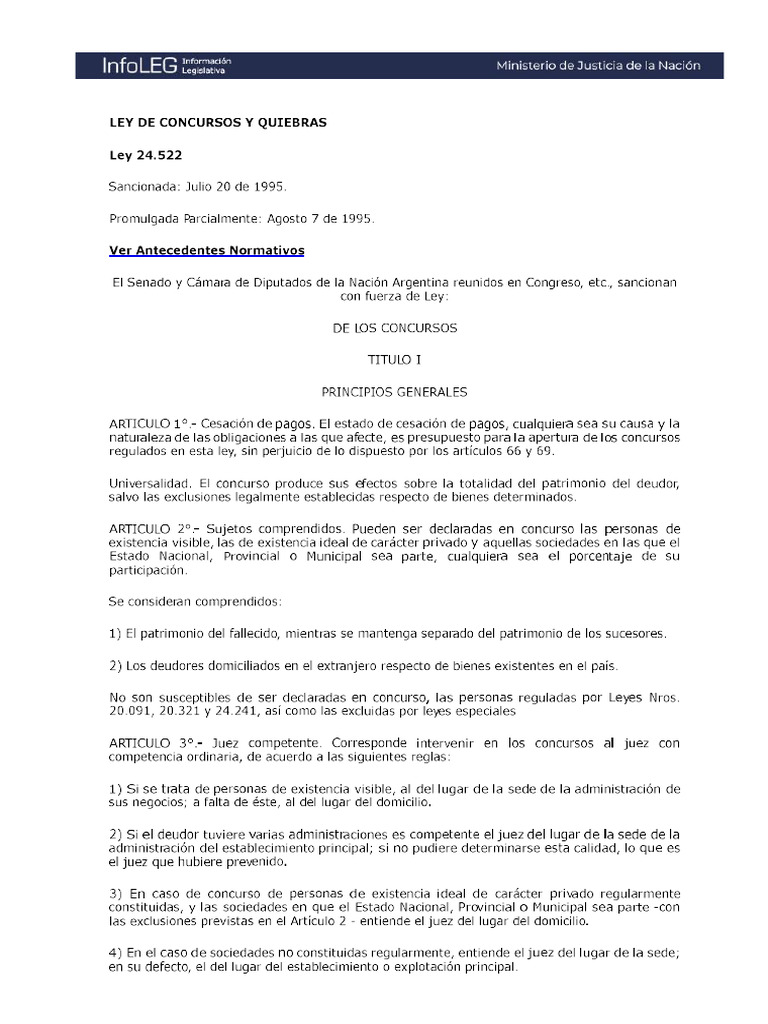 Ley de Concursos y Quiebras 24522 | PDF