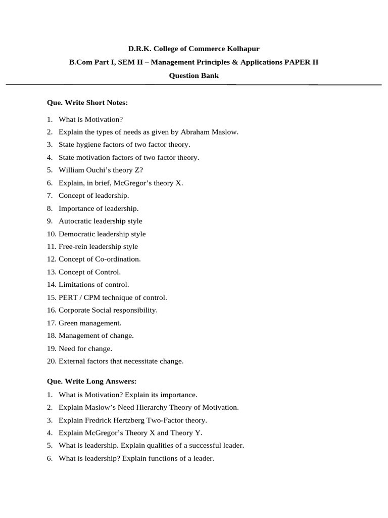 Management Sem II Question Bank 2023 | PDF