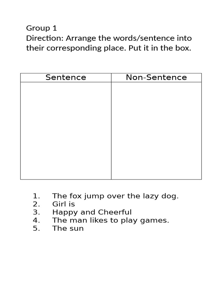 Activity - Sentence and Non-Sentence | PDF