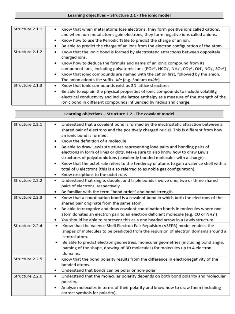 Test 1 - Learning Objectives 2AB - Structure 2.1 - 2.2 | PDF | Ion ...