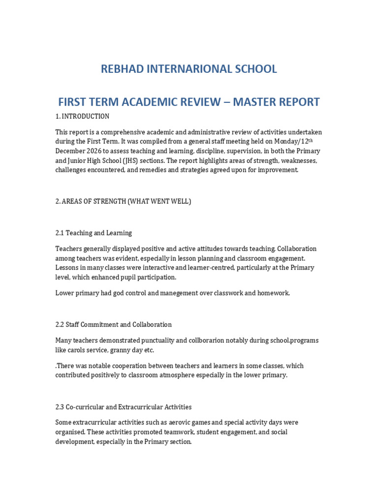 First Term General Academic Review Master Report | PDF | Teachers ...