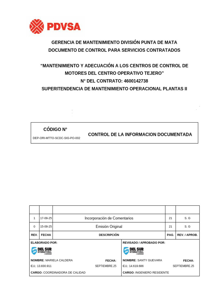 Dep Ori Mtto SCDC Sig Po 002 Control de La Informacion Documentada | PDF