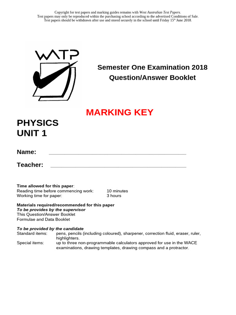 2018 Physics Unit 1 Exam Marking Key | PDF | Heat | Heat Capacity