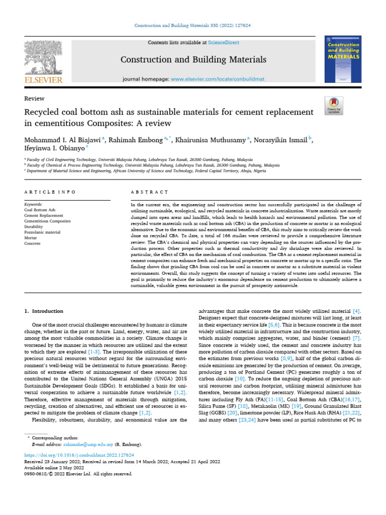 Recycled Coal Bottom Ash As Sustainable Materials For Cement ...