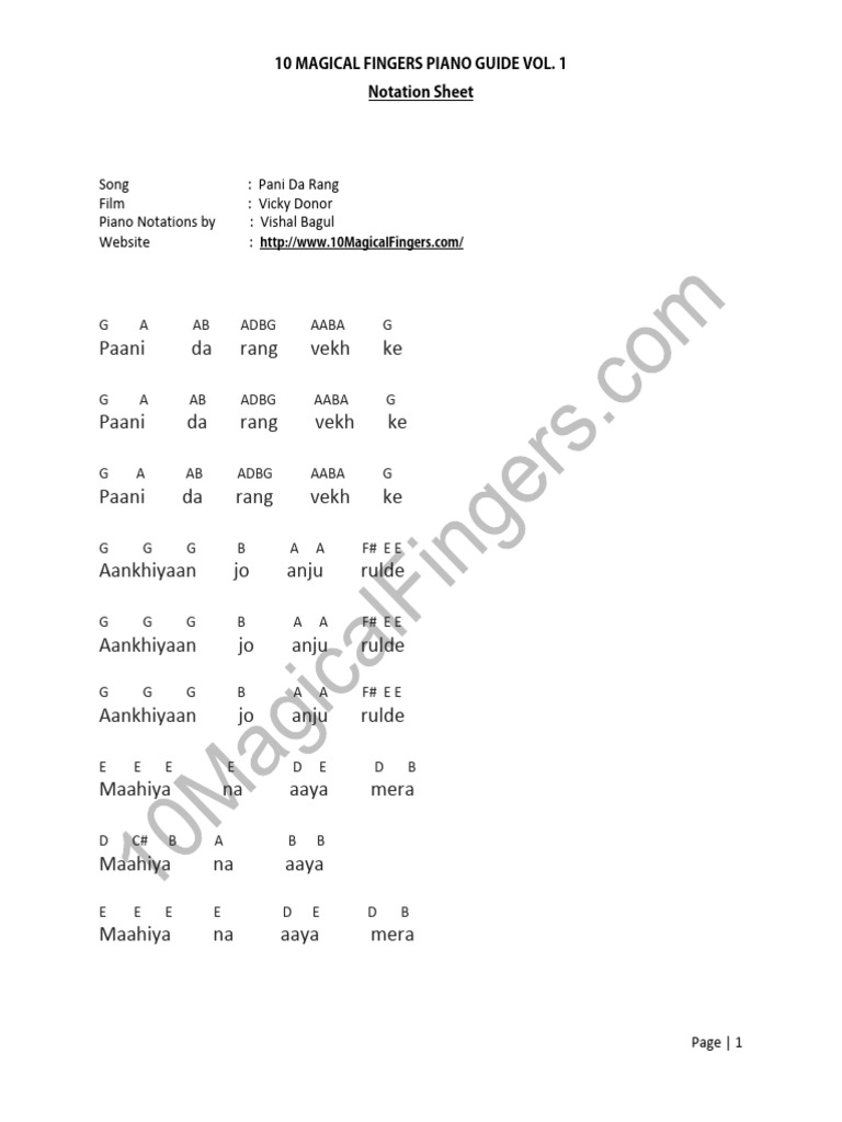 Pani Da Rang Piano Notations by Vishal Bagul | PDF