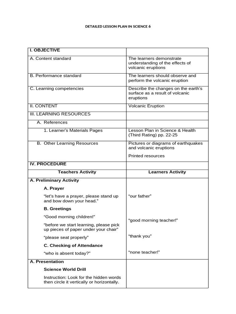 DETAILED LESSON PLAN IN SCIENCE 6 Volcanic Eruption | PDF | Volcano | Lava