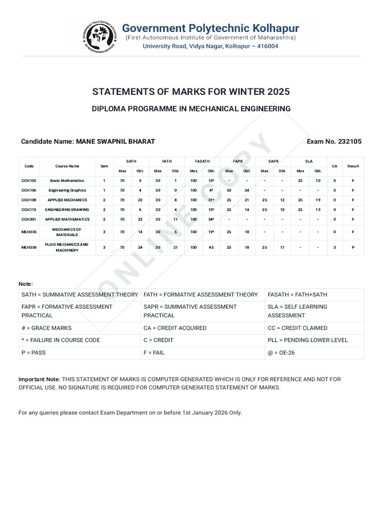 Statement of Marks For WINTER 2025 - Government Poly... | PDF ...
