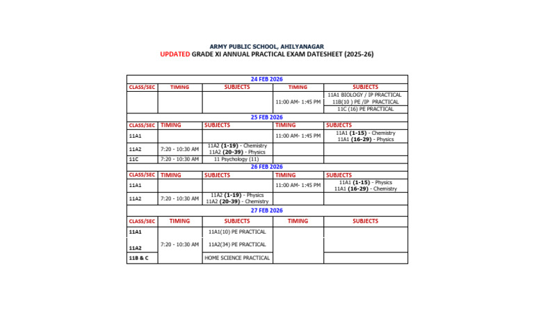 Class 11 Updated Practical Exam Datesheet 12 Feb 2026 | PDF