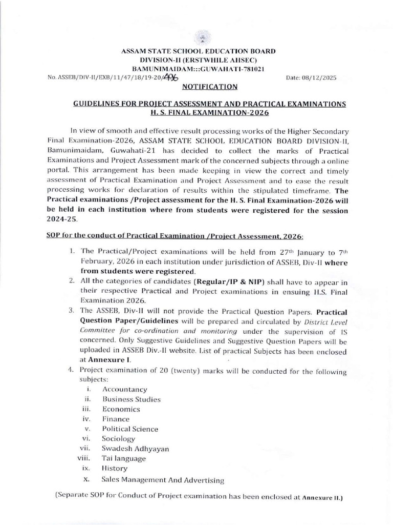Guidelines For Project Assessment & Practical Examinations 2026 | PDF