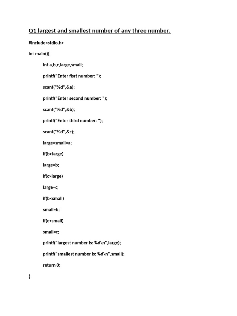 Q1.largest and Smallest Number of Any Three Number | PDF