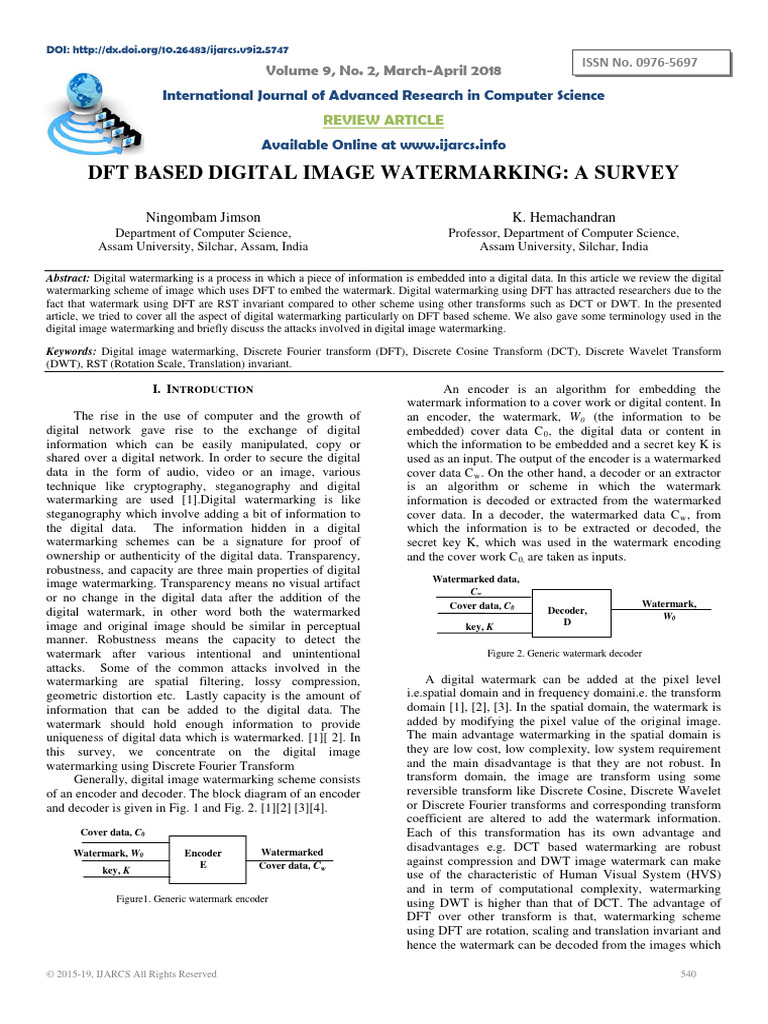 DFT Based Digital Image Watermarking A S | PDF | Data Compression ...