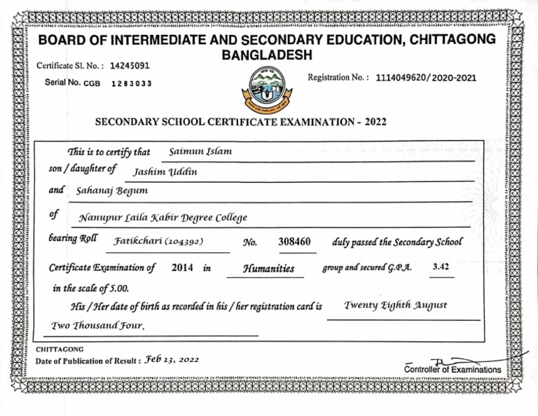 HSC Certificate of (Saimun Islam) | PDF