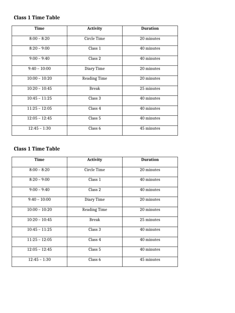 Class1 Time Table | PDF