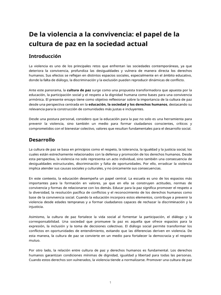 Ensayo - Cultura de Paz Y Erradicación de La Violencia | PDF | Derechos ...