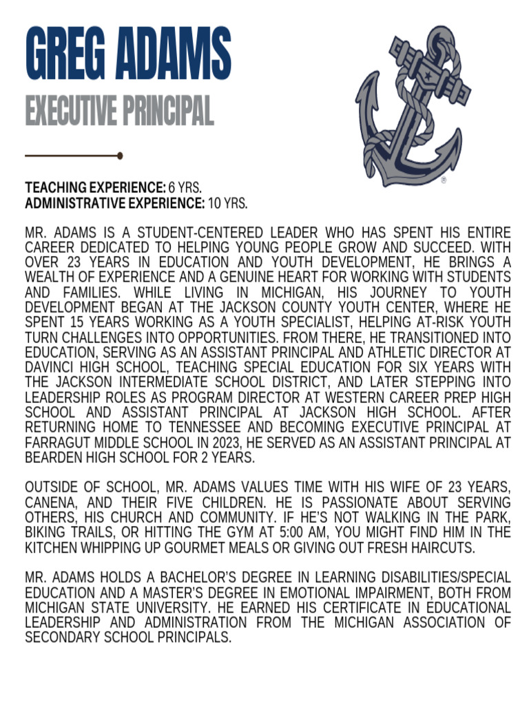 Meet Mr. Adams - Executive Principal | PDF