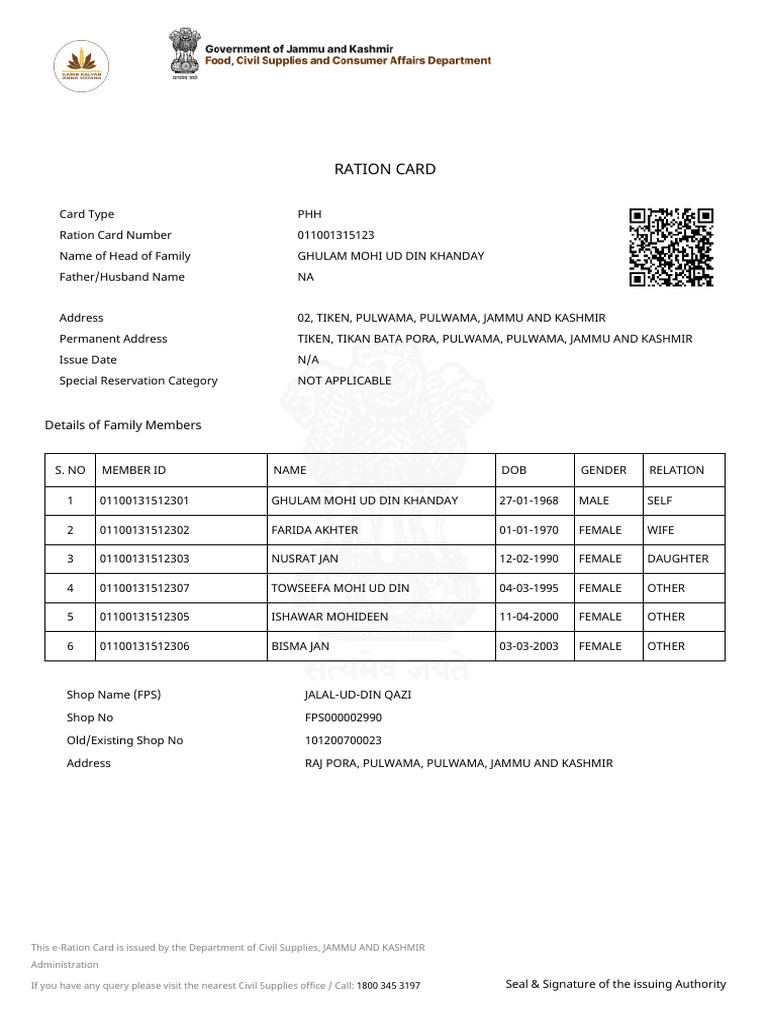 Ration Card: Details of Family Members | PDF