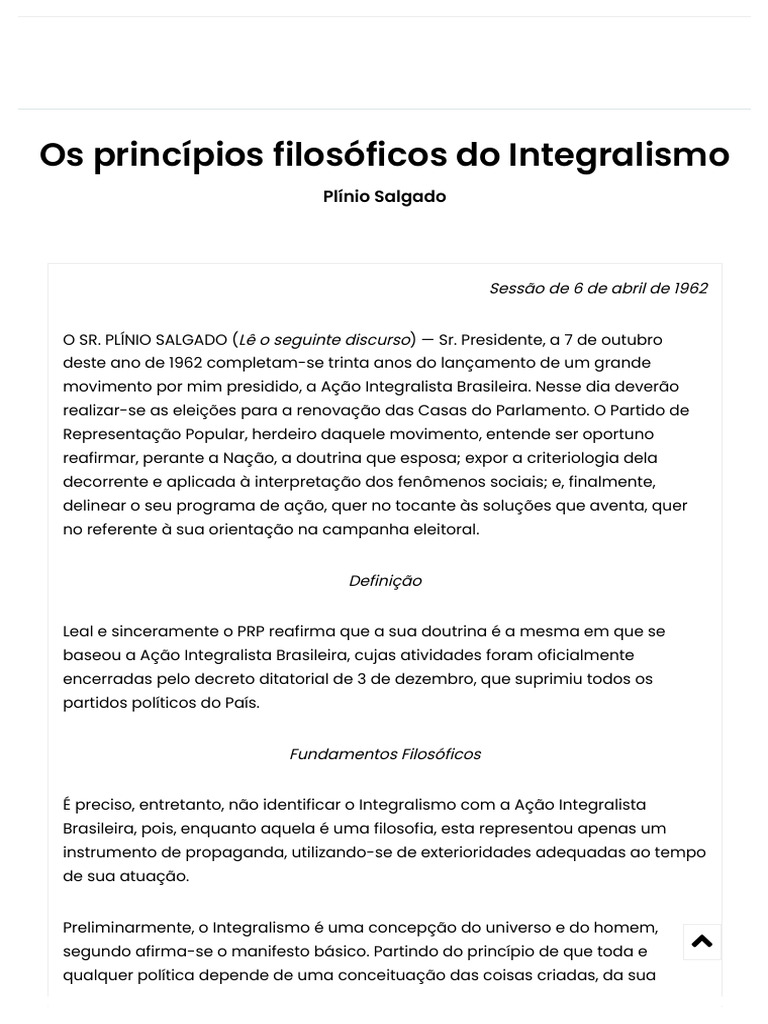 Os Princípios Filosóficos Do Integralismo - Integralismo - Frente ...
