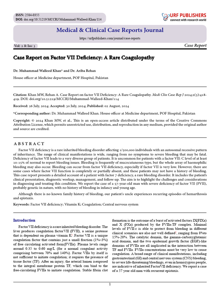 Case Report On Factor VII Deficiency: A Rare Coagulopathy | PDF ...