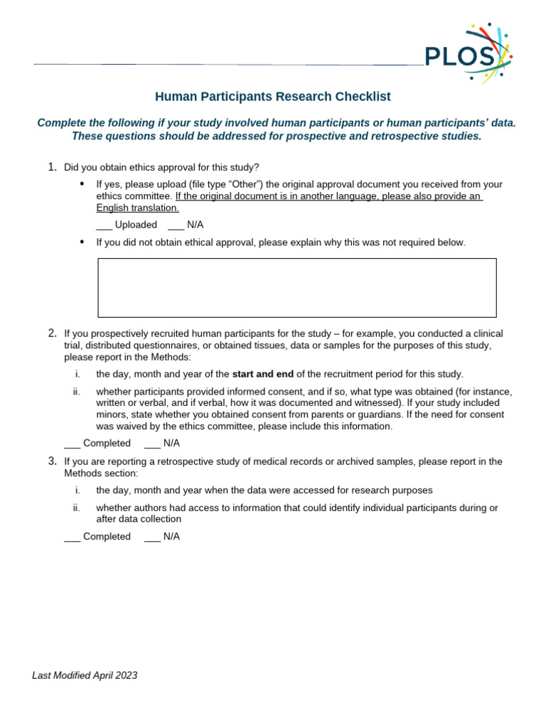 PLOSOne Human Subjects Research Checklist | PDF