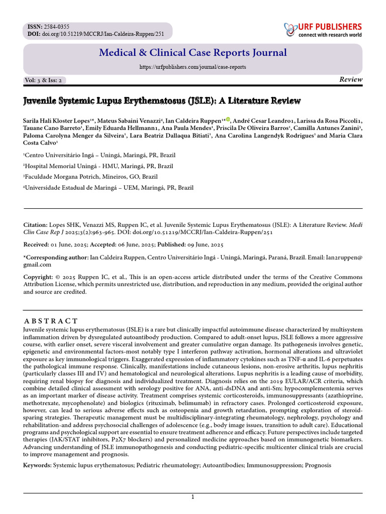 Juvenile Systemic Lupus Erythematosus (JSLE) : A Literature Review ...