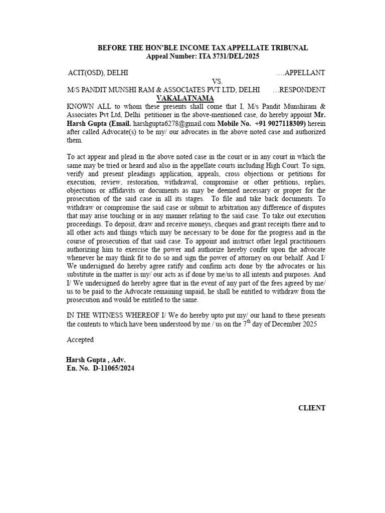 Vakalat Ms Pandit Munshiram | PDF | Legal Procedure | Common Law