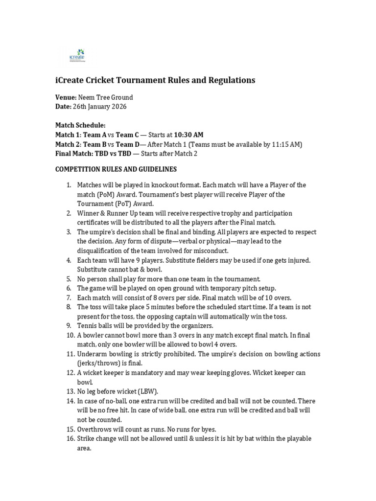 ICreate Cricket Tournament Rulebook 1 | PDF | Bowling (Cricket) | Cricket