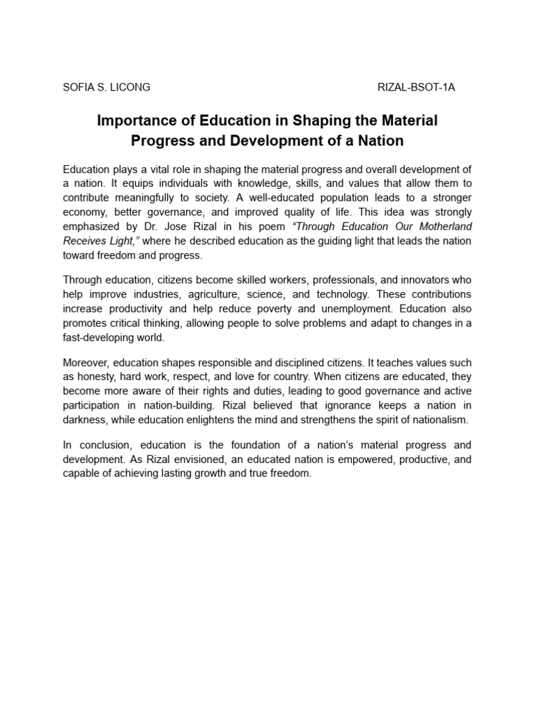 SOFIA LICONG - Importance of Education in Shaping The Material Progress ...