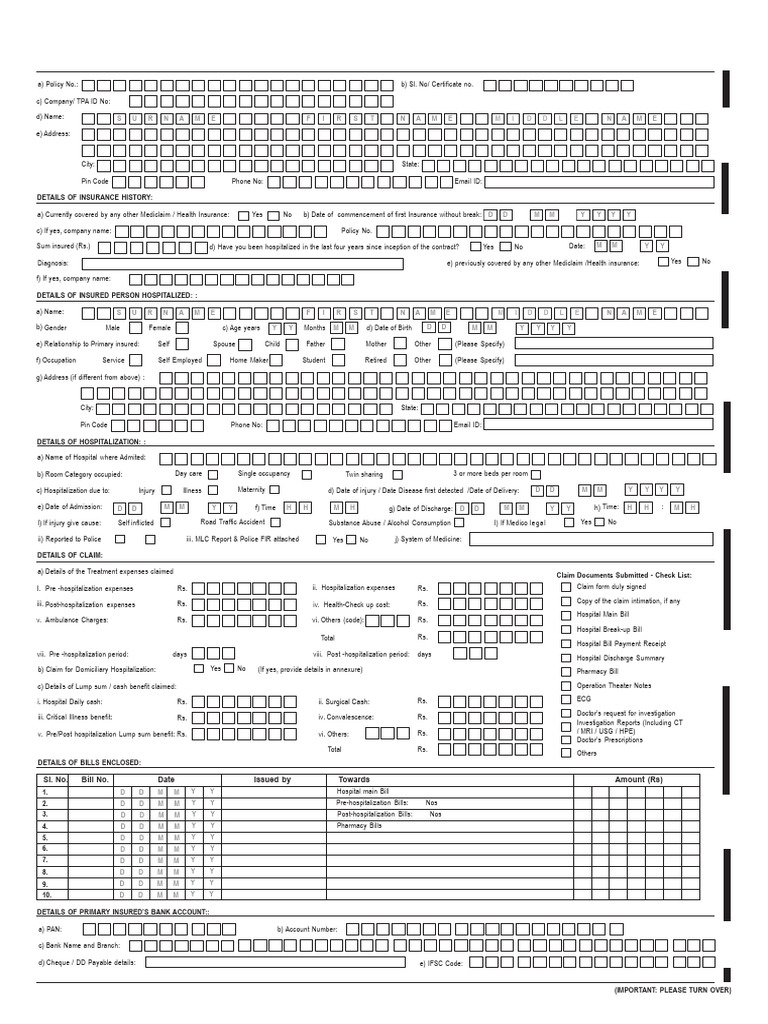 Star Health Insurance Company Claim Form Format | PDF
