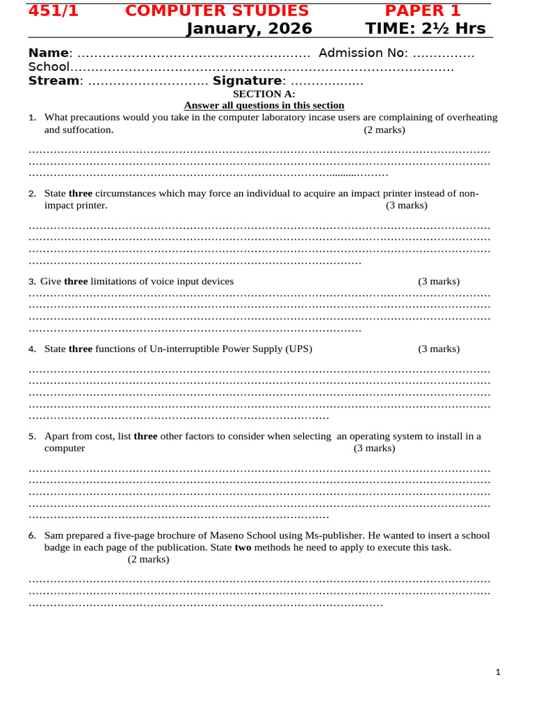 Computer Studies Pp1 Form 4 Open | PDF | Computer Engineering | Computing